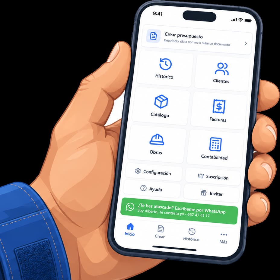 La app Motor de Presupuestos en un móvil, con los accesos a crear presupuesto, histórico, clientes, catálogo, facturas, obras y contabilidad