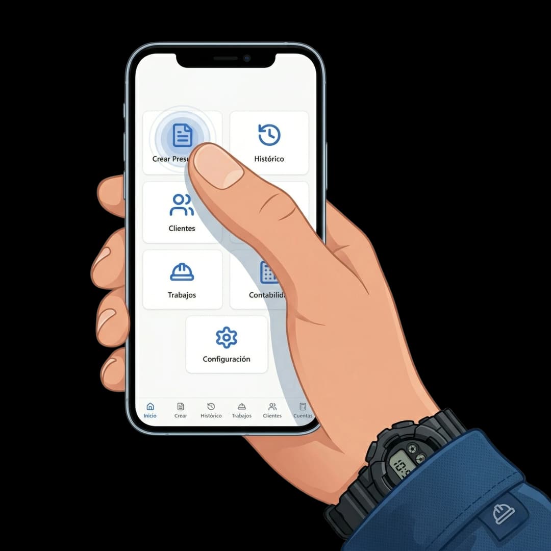 Mano sosteniendo un móvil con la app Motor de Presupuestos