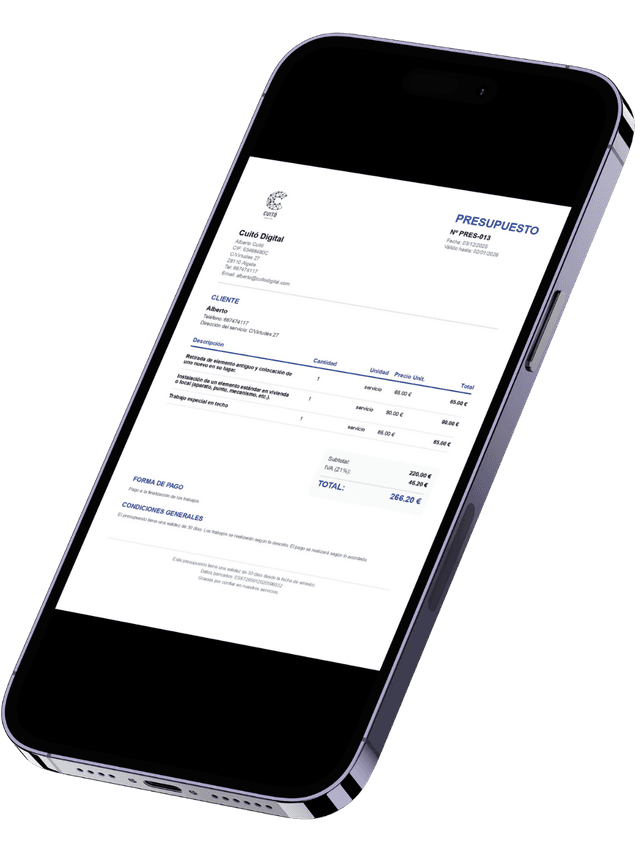 Mockup de un presupuesto PDF profesional en móvil