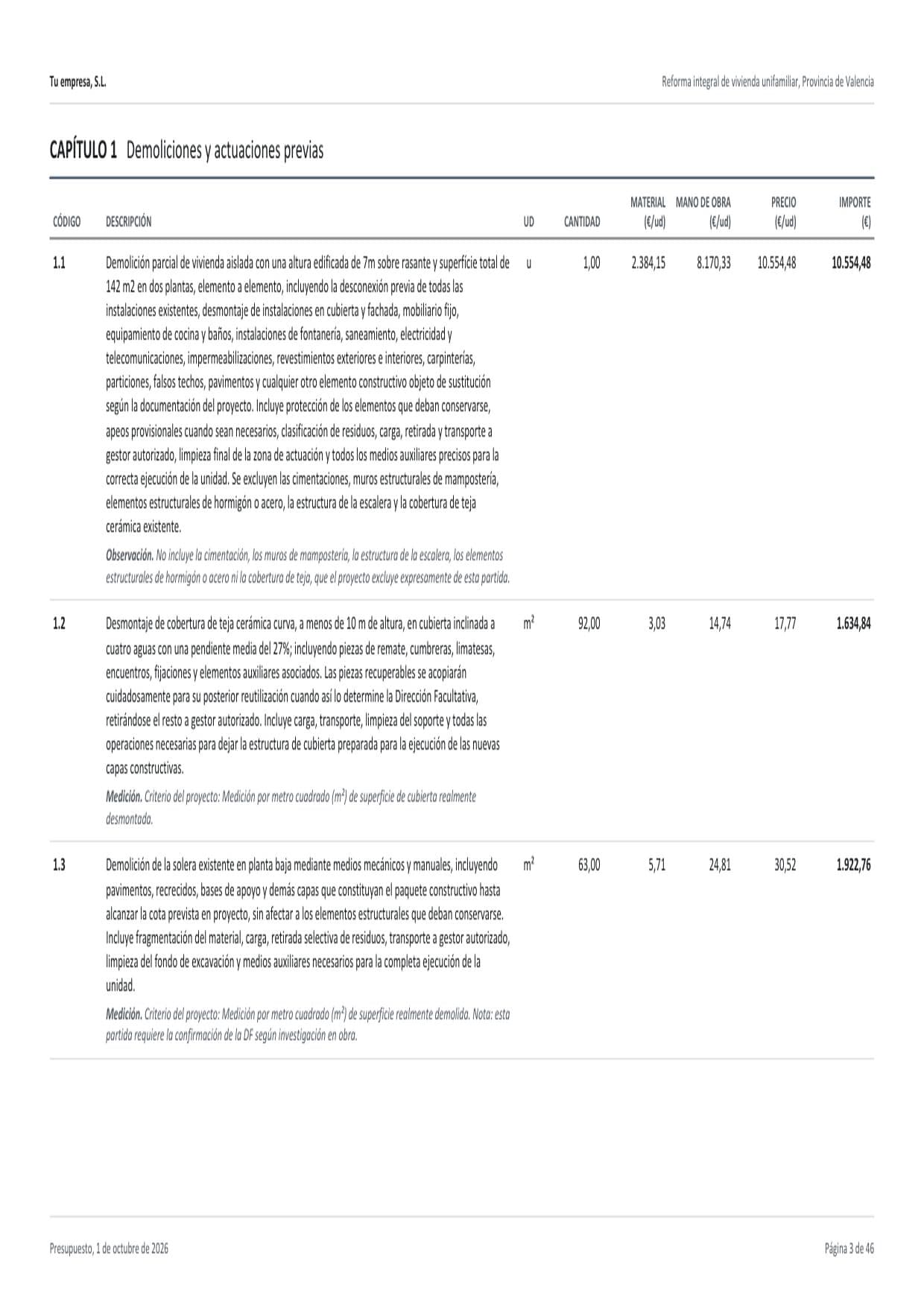 Página de partidas de un presupuesto real: descripción, medición, precio e importe.